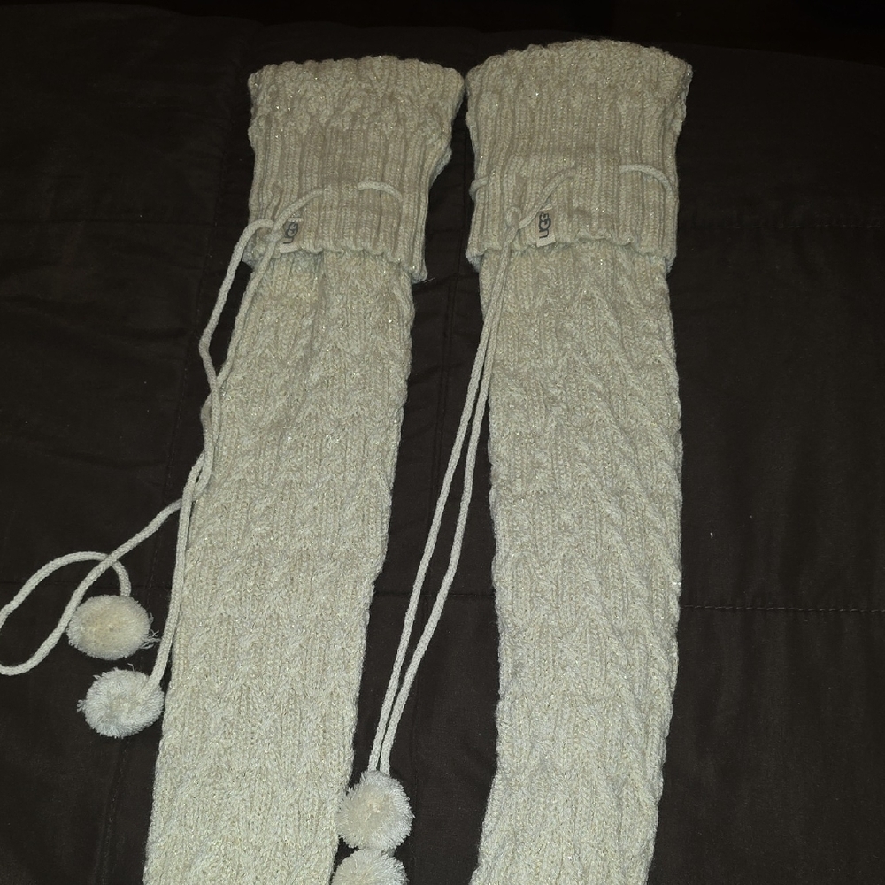 UGG Cream Cable Knit Leg Warmers with Pom-Tie Detail